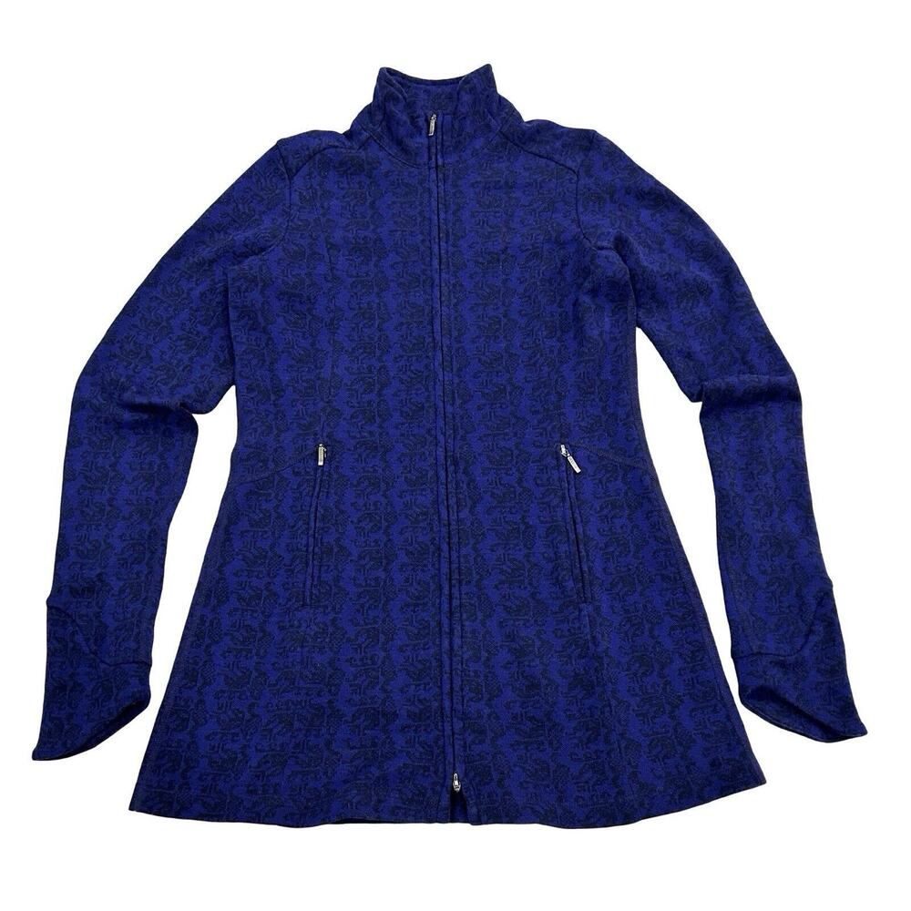 Ibex Juliet Merino Long Jacket Womens Size XS Blue Jacquard Knit Full Zip
